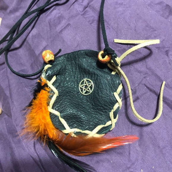 Black Leather Pouch with Orange Feather Accents - Picture 1 of 7